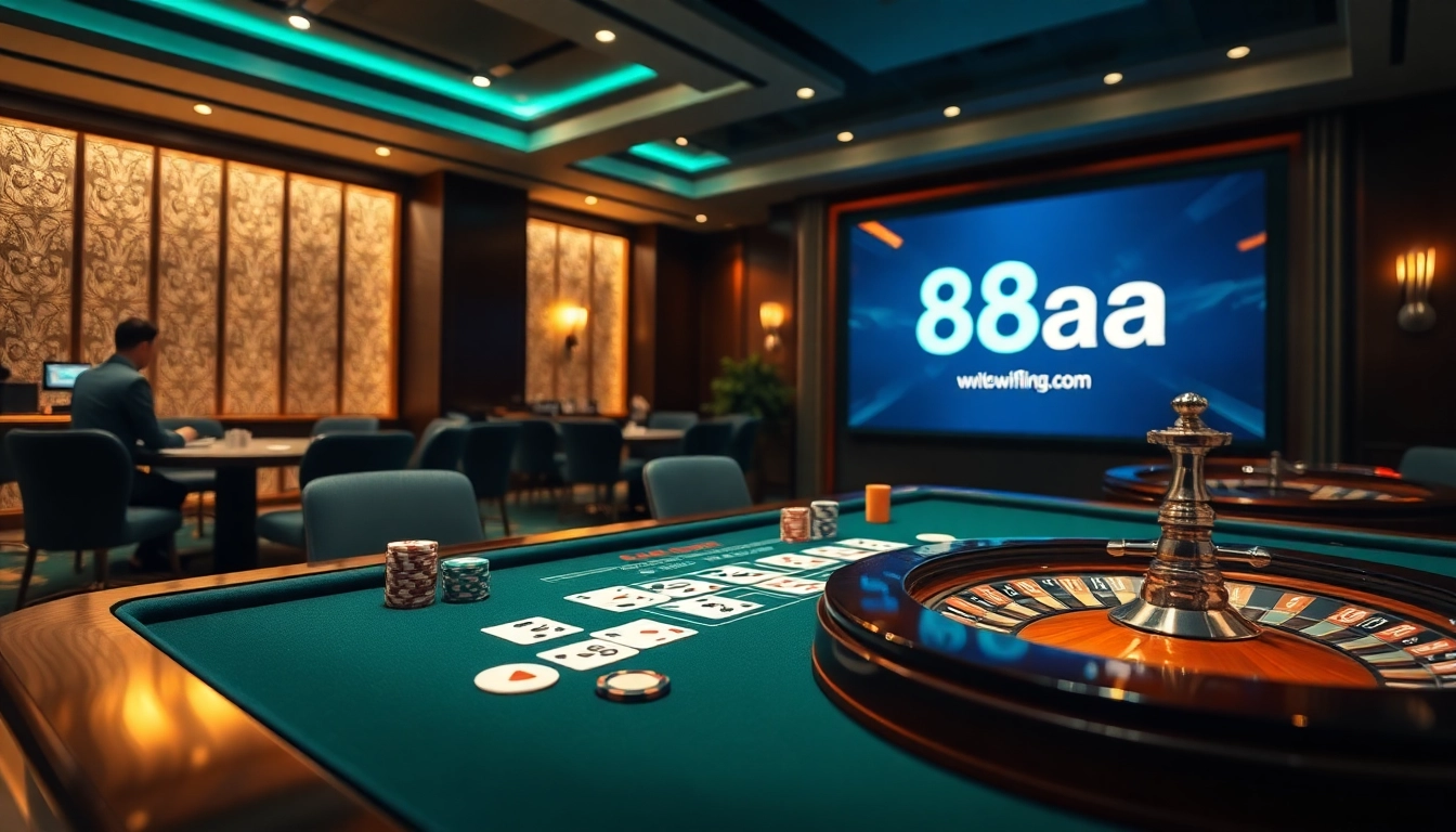 Experience the thrilling online casino ambiance with 88aa's vibrant gaming setup featuring roulette and poker.