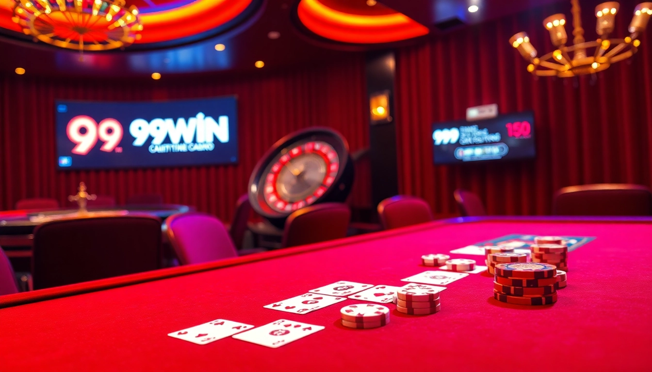 Experience the thrill of winning at 99WIN casino with vibrant gaming tables and illuminated cards.