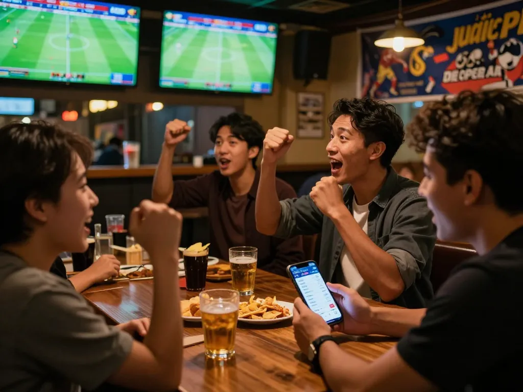 Bets being placed through the 7meter Judi Bola app amidst a vibrant sports betting gathering.