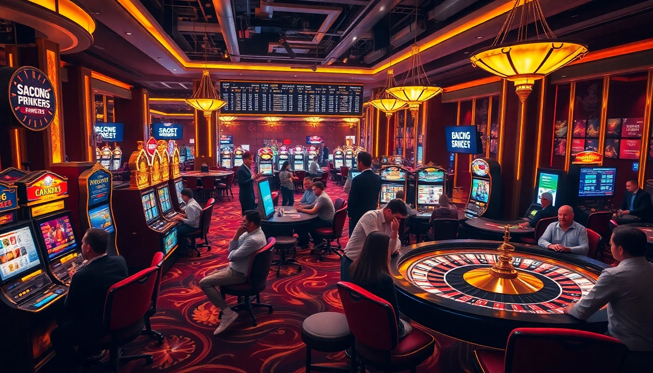 SBOBET players enjoying an immersive casino experience with vibrant slot machines and a roulette wheel.