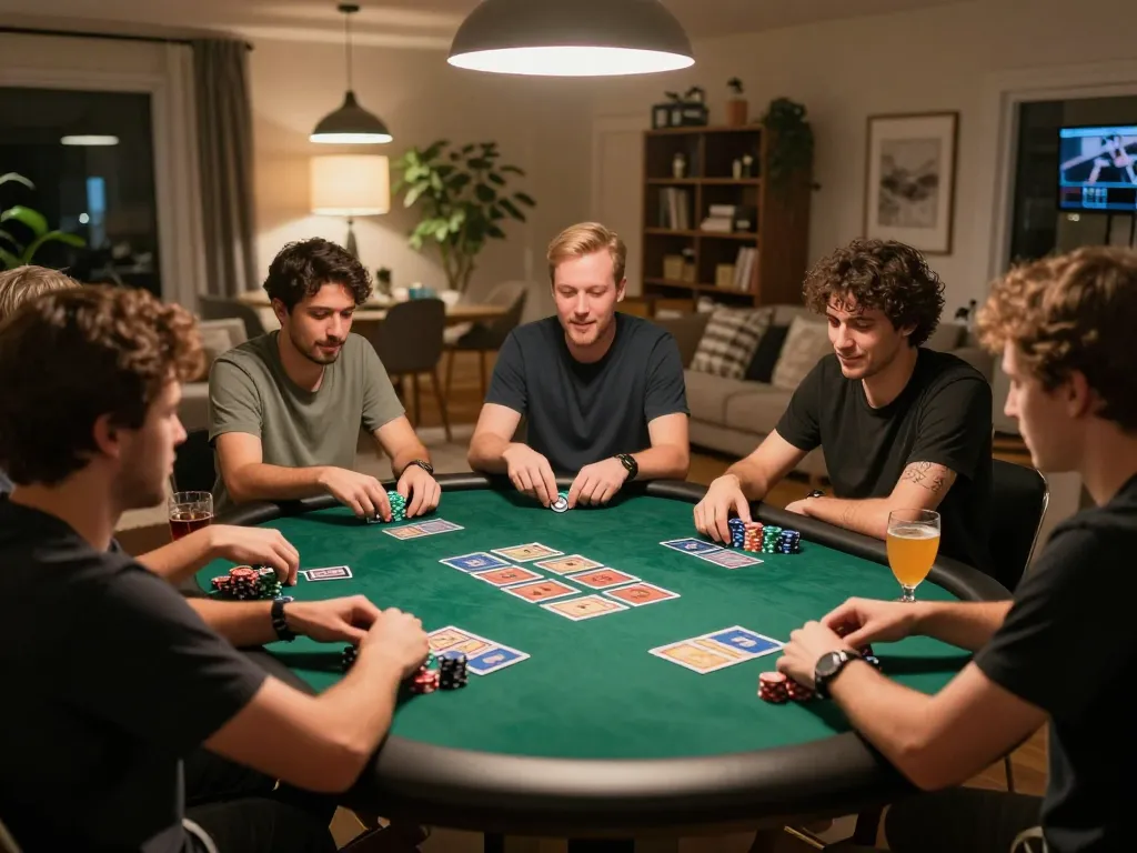 Players enjoying a friendly poker game at home, showcasing U888 gaming experience with chips and community cards on table.