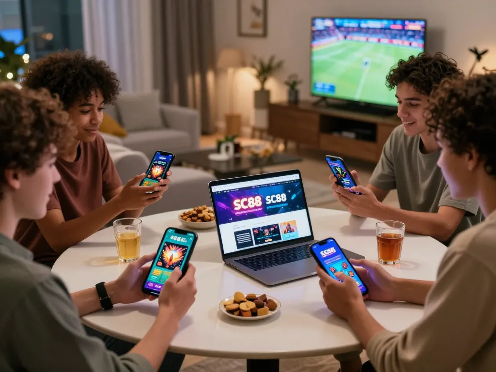 Friends enjoying SC88 mobile gaming app in a vibrant living room atmosphere