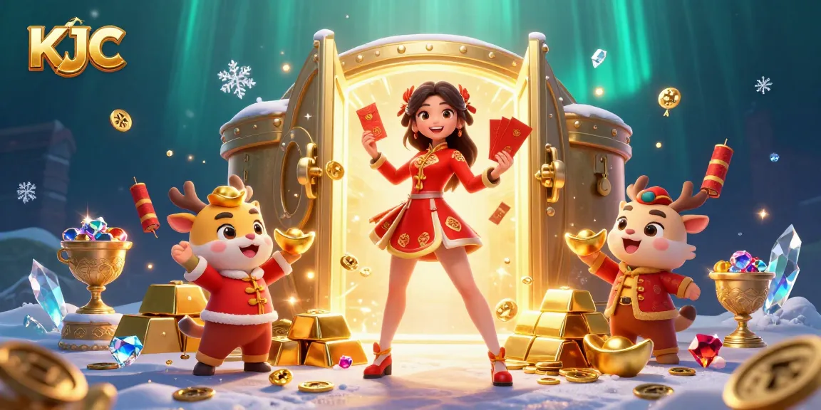 Experience KJC's vibrant casino atmosphere with dynamic characters amid gold and festive decorations.