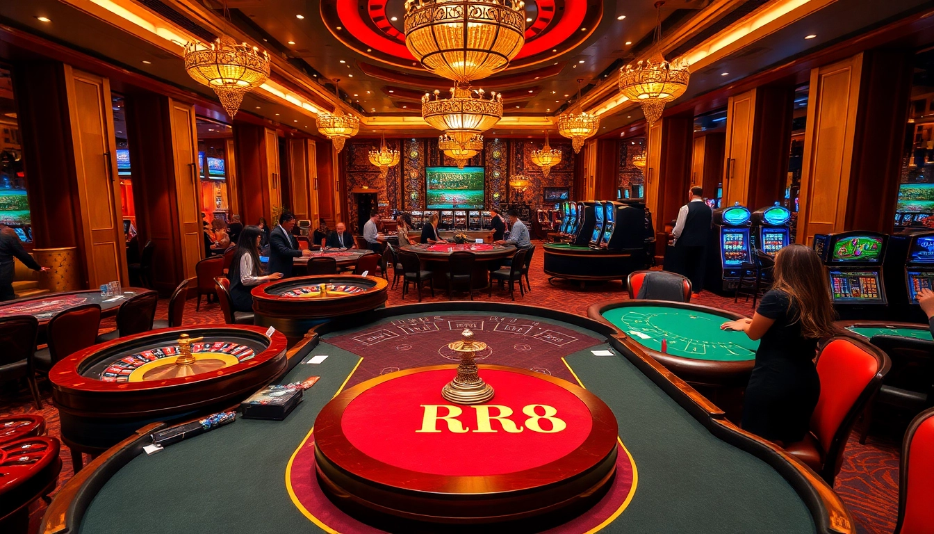Experience thrilling gaming at RR88, showcasing poker chips and roulette in a lavish casino.