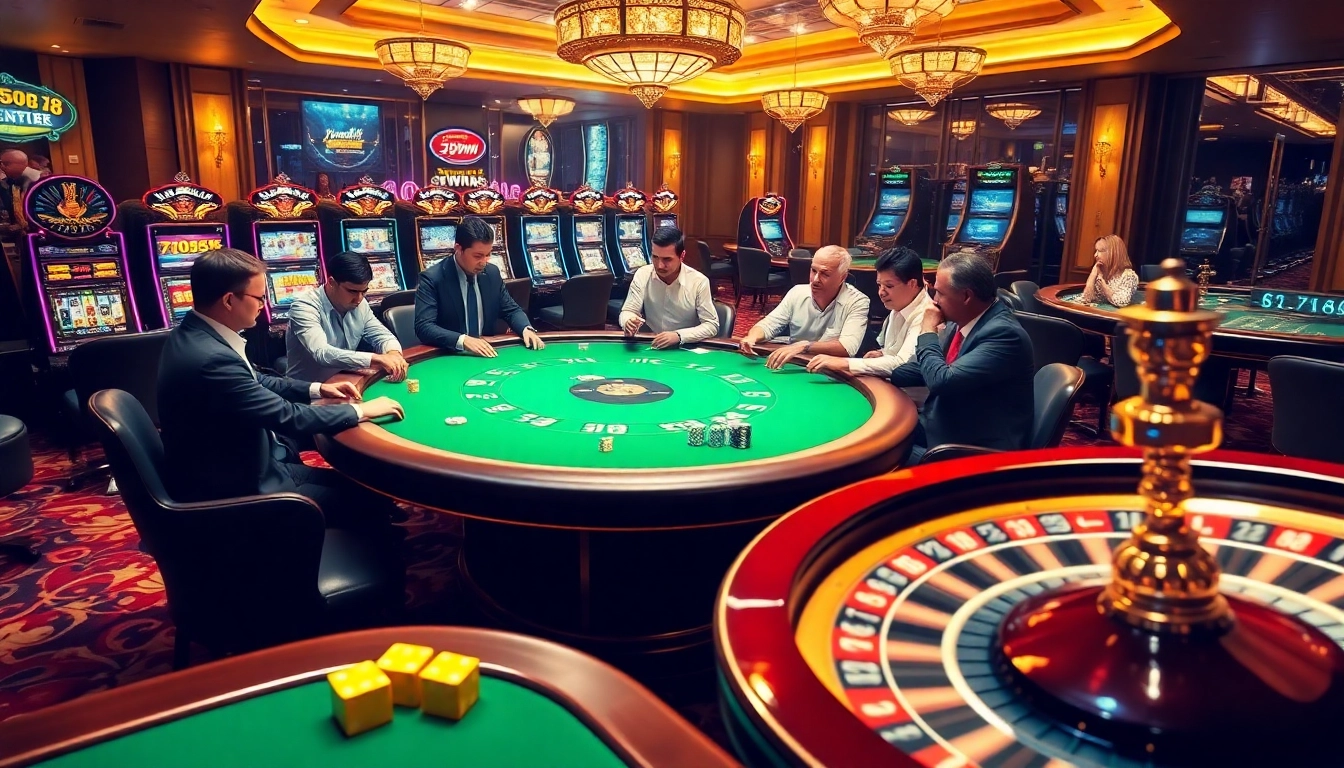 Exciting casino scene featuring a poker game at 789win4 with vibrant playing cards and luxury decor.