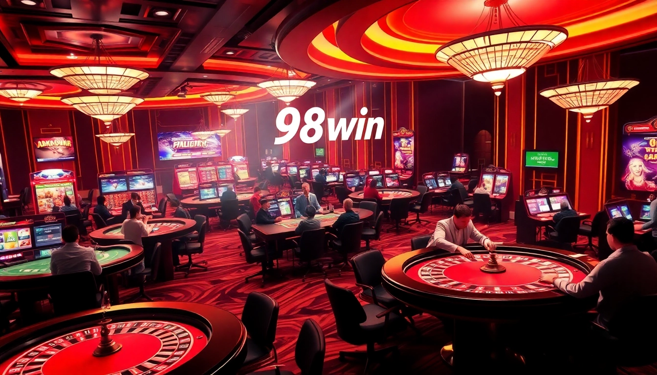 Dynamic casino scene showcasing 98win gaming experience, vibrant and inviting atmosphere.