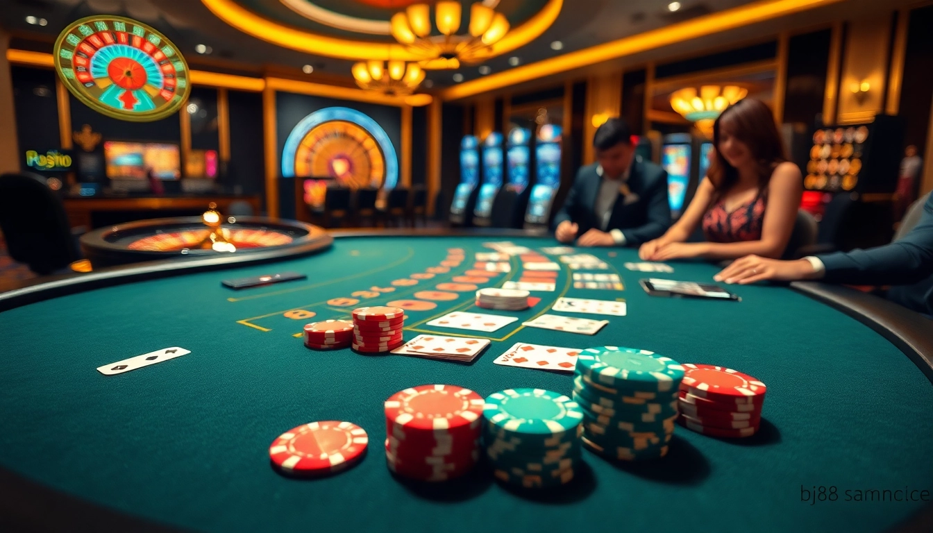 Experience the thrill of gambling at BJ88 with an elegant casino setup showcasing blackjack tables and vibrant slots.