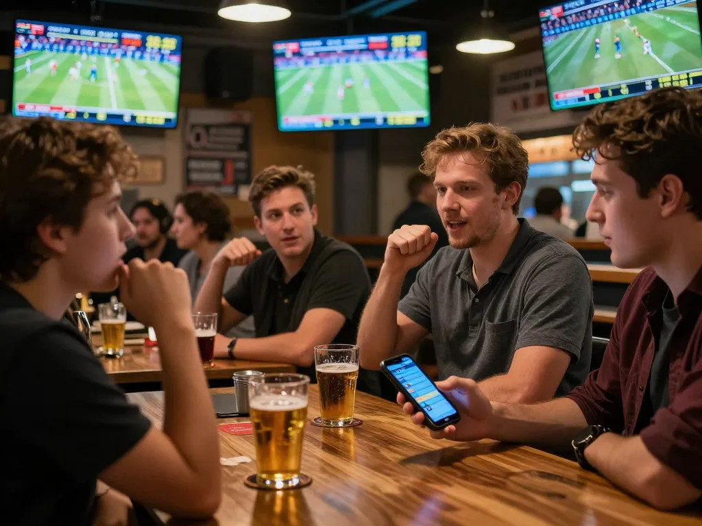 ta88 sports bettors engaging with odds and smartphones in lively bar atmosphere