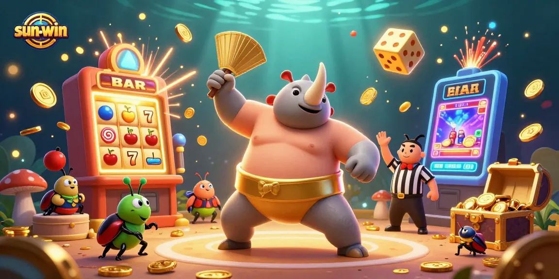 Experience sun-win with a thrilling jackpot scene featuring a sumo beetle champion and vibrant casino elements.