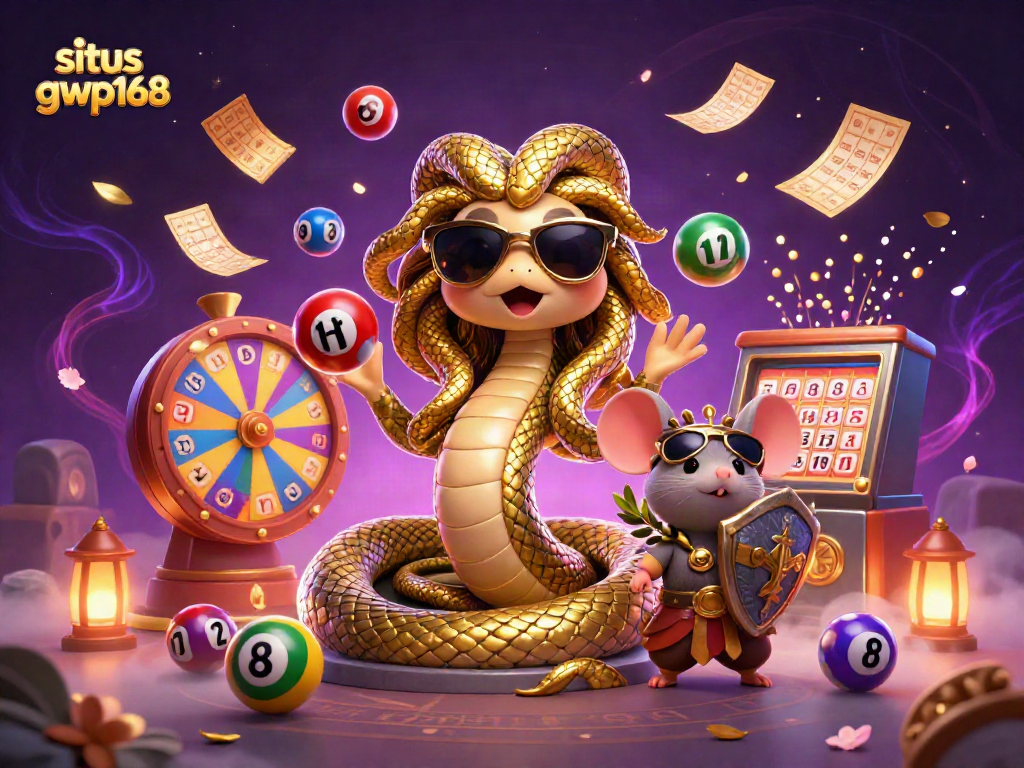 Visualisasi situs gwp168 menampilkan Medusa dan mouse pejuang di suasana kasino yang penuh warna.