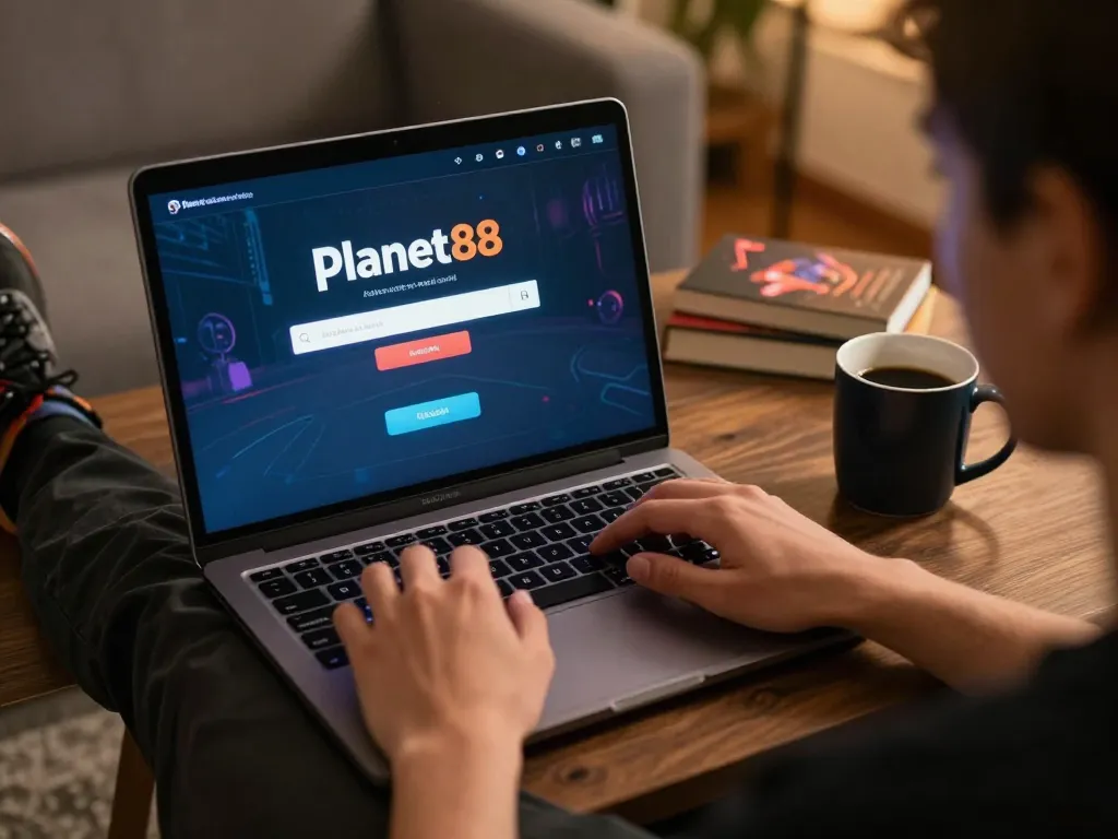 Using the Planet88 login, a person engages in online gaming from home, creating a cozy gambling atmosphere
