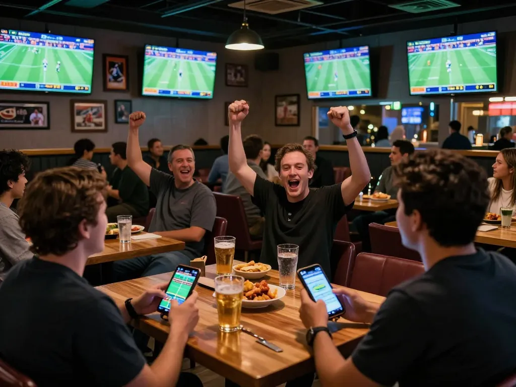 Excited patrons enjoying live sports betting at https://rr888.shopping/ in a vibrant sports bar atmosphere.