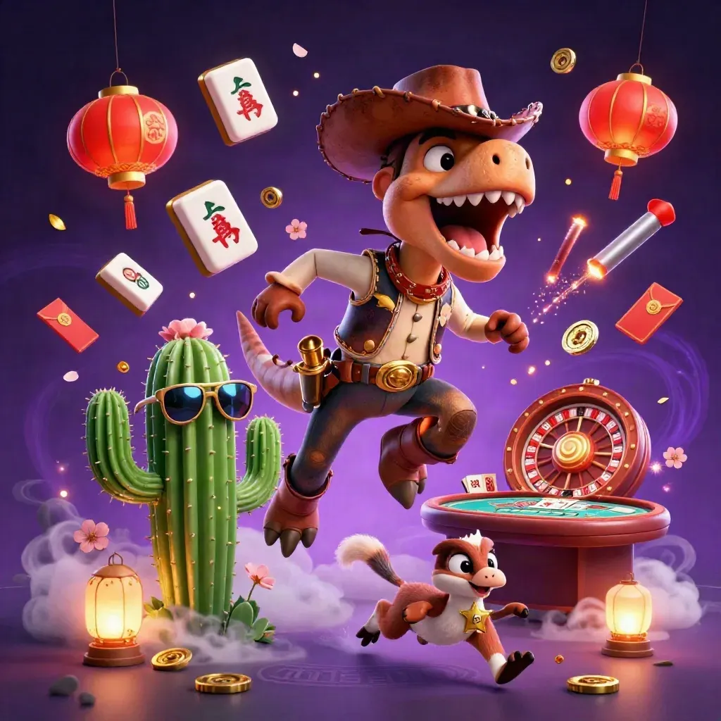 Cowboy T-Rex, cactus, and roadrunner amid casino magic, lanterns, coins, and treasure