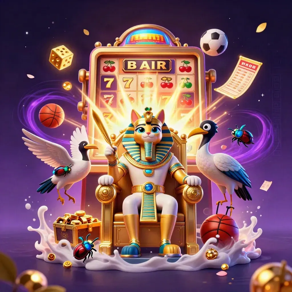 Pharaoh cat, ibis and scarabs amid exploding slot symbols, gold, balls and casino magic.
