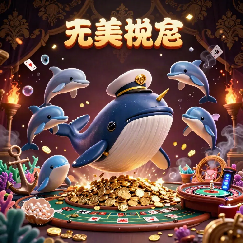Whale captain, narwhal and dolphins burst through coins in a luxe casino treasure cove.