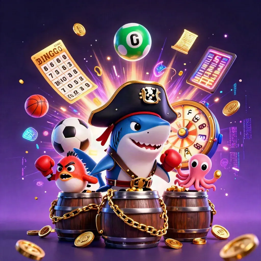 Pirate shark, boxing pufferfish, and juggling octopus amid casino prizes and neon energy.