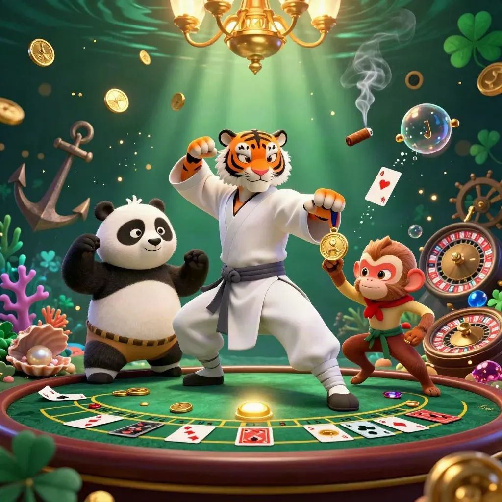 Kung-fu tiger, panda, and monkey amid treasure cove casino glam and glowing gold