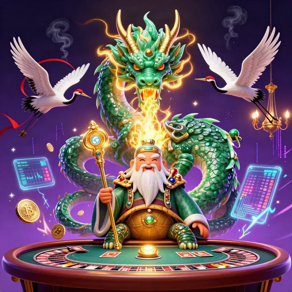 Emerald dragon, turtle sage, and cranes amid neon casino magic, coins, cards, and a starfield.