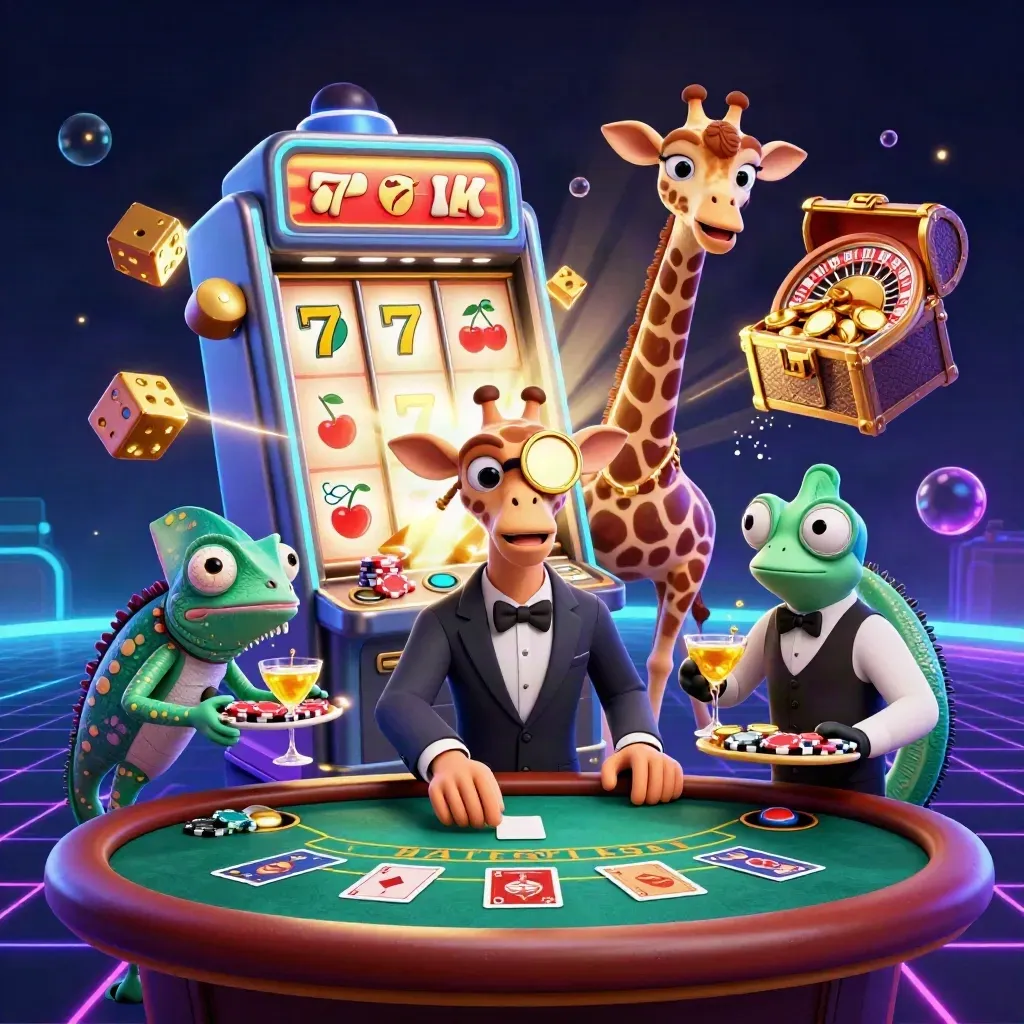 Giraffe, monkey, and chameleon in a neon casino room with slot bursts, dice, and gold.