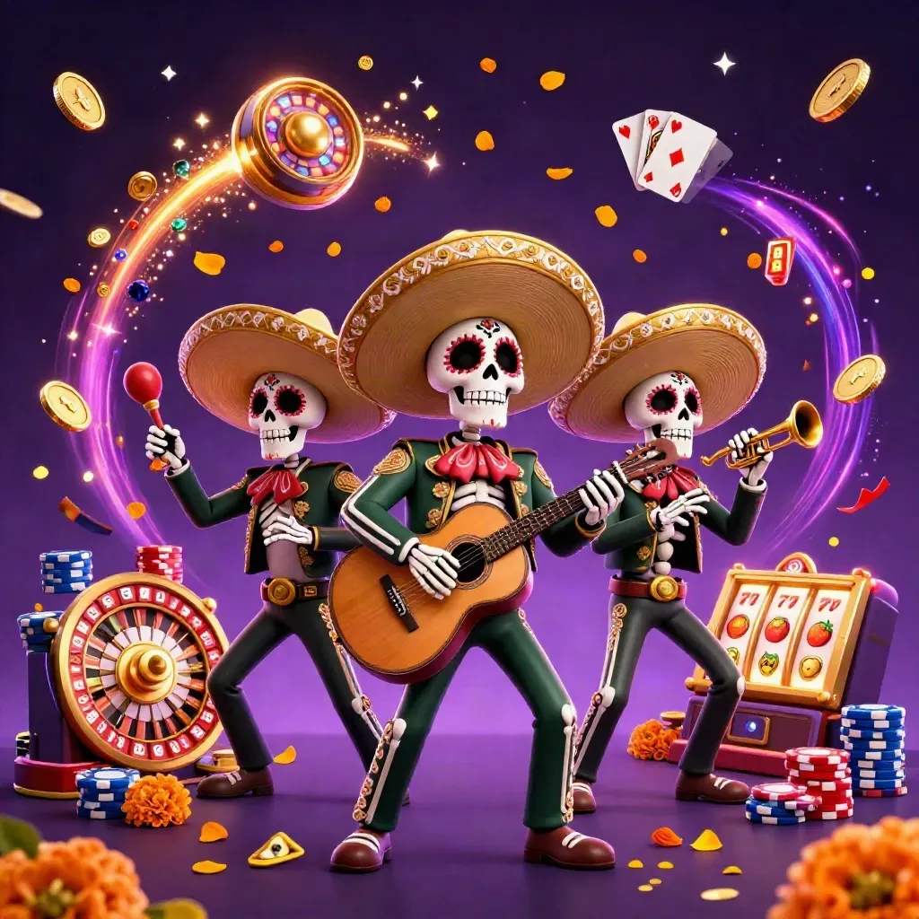Three Day-of-the-Dead skeleton mariachi stars burst amid coins, gems, cards and casino neon.