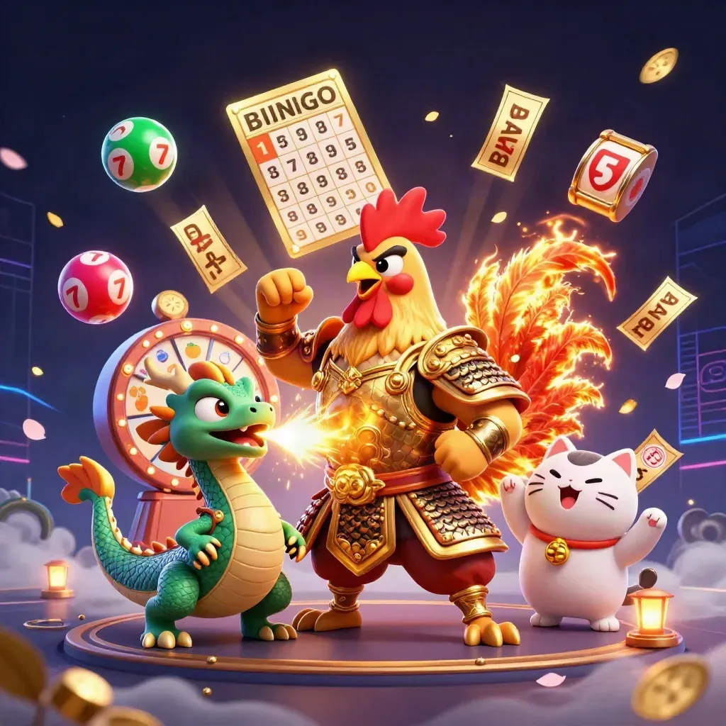 Rooster warrior, spark-breathing dragon hatchling, and fortune cat amid casino bursts.
