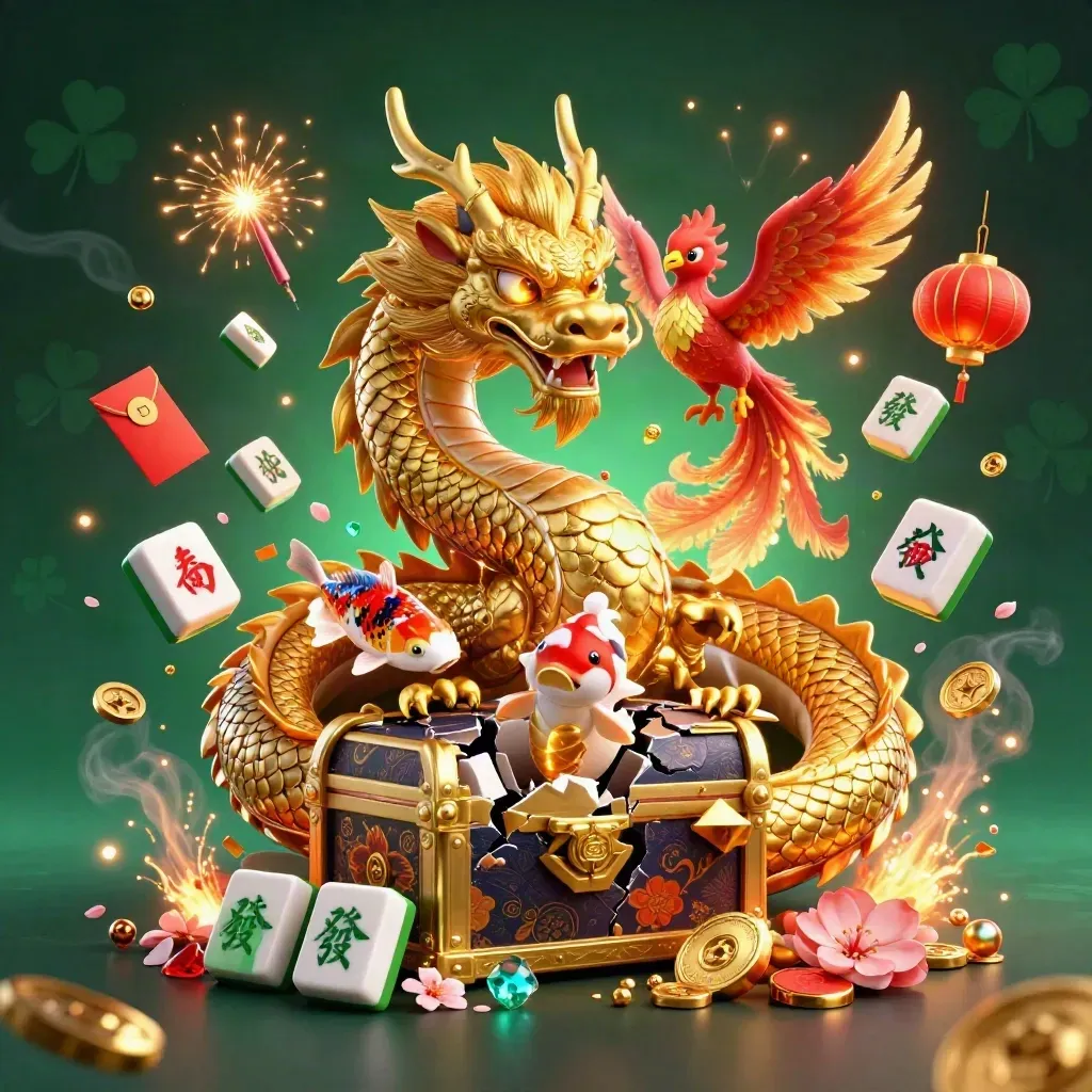 Golden dragon with phoenix and koi amid treasure, lanterns, coins and emerald casino glow