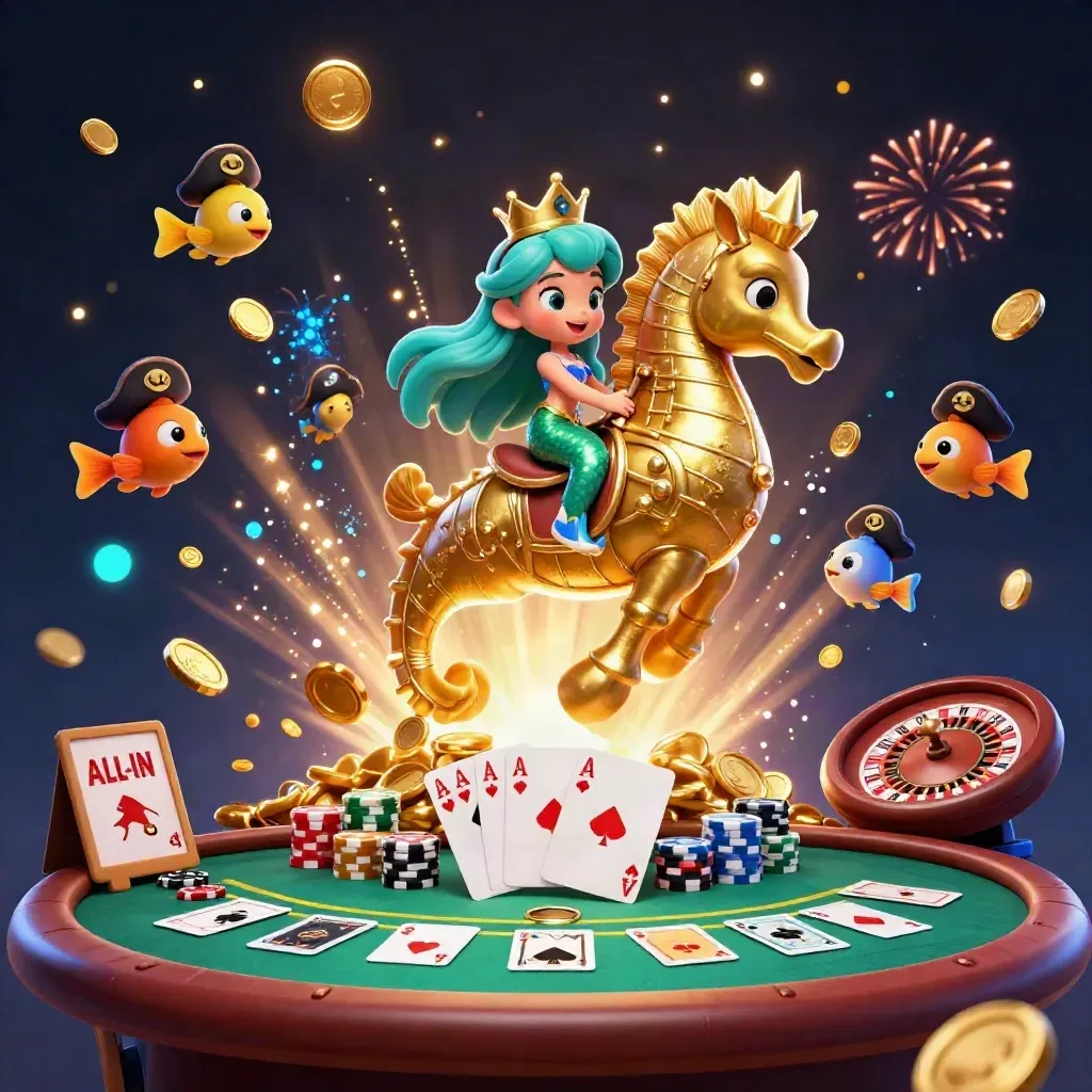 Mermaid princess rides an armored seahorse through coins, cards, chips, and fireworks.