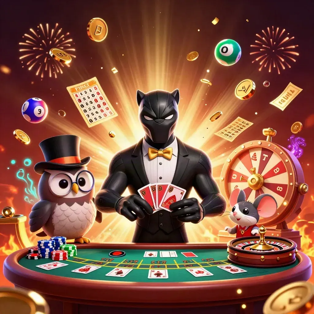 Panther, owl, and mouse celebrate amid exploding coins, roulette spin, prize wheel, and glowing casino lights.