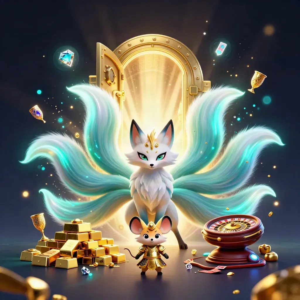Neon fox spirit and armored mouse burst from a vault amid gold, gems, and casino lights