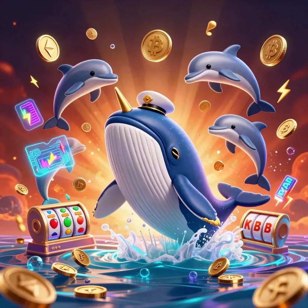 Captain whale, narwhal, and dolphins burst through coins with glowing casino effects.