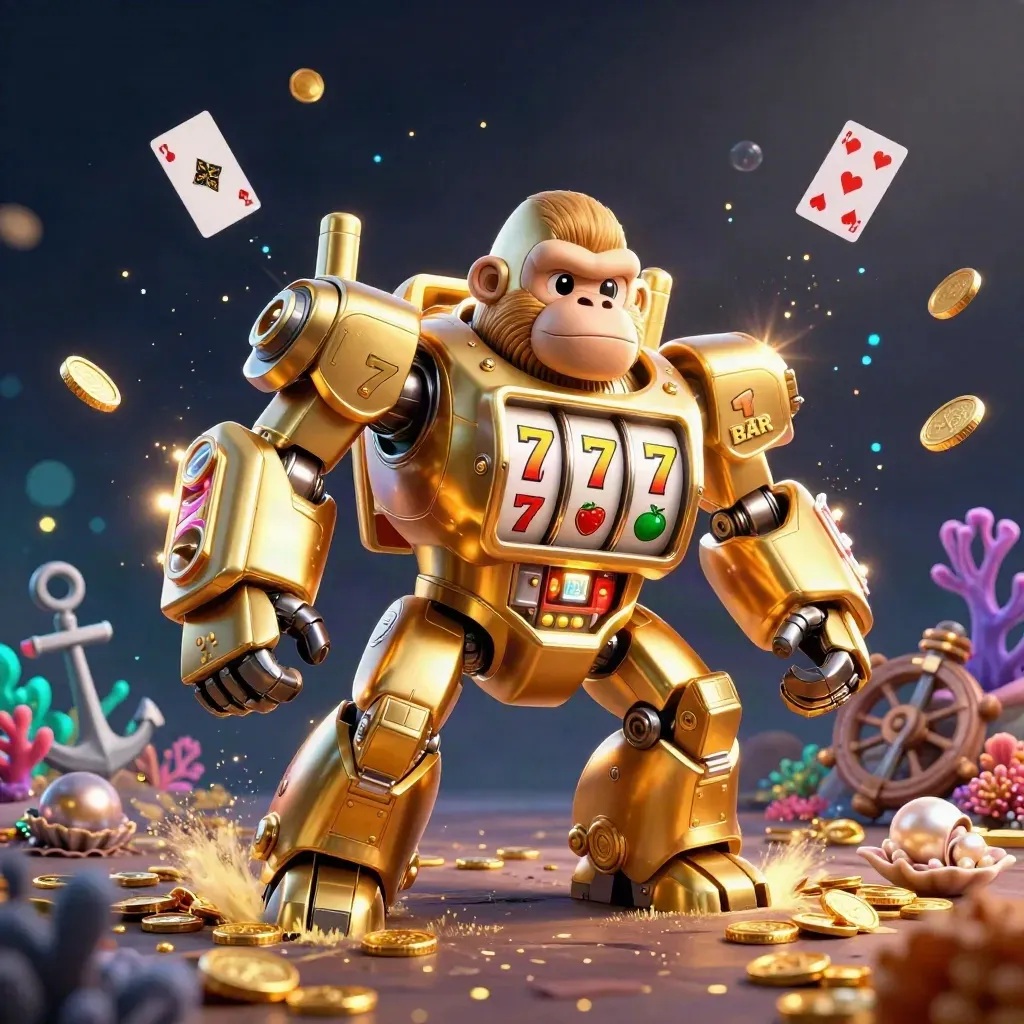 Golden gorilla slot-mech with tiny monkey pilot in a treasure cove, reels, coins, coral, glow