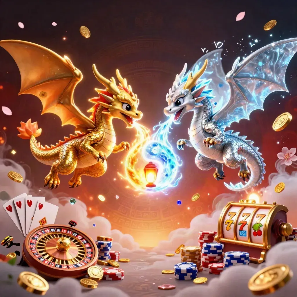 Twin gold and silver dragons spiral in a fiery yin-yang amid casino chips, coins and glowing reels.