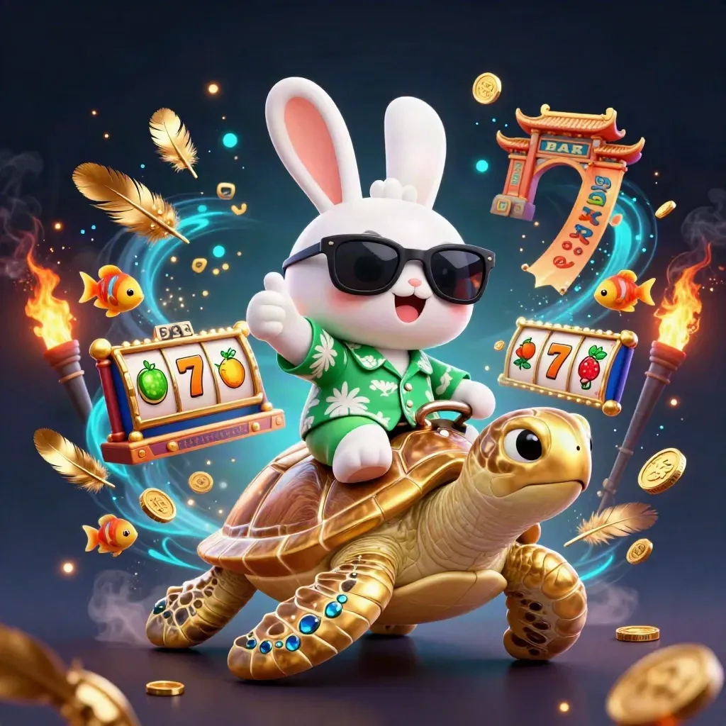Lucky rabbit riding a golden turtle amid casino reels, coins, torches, and a temple gate.