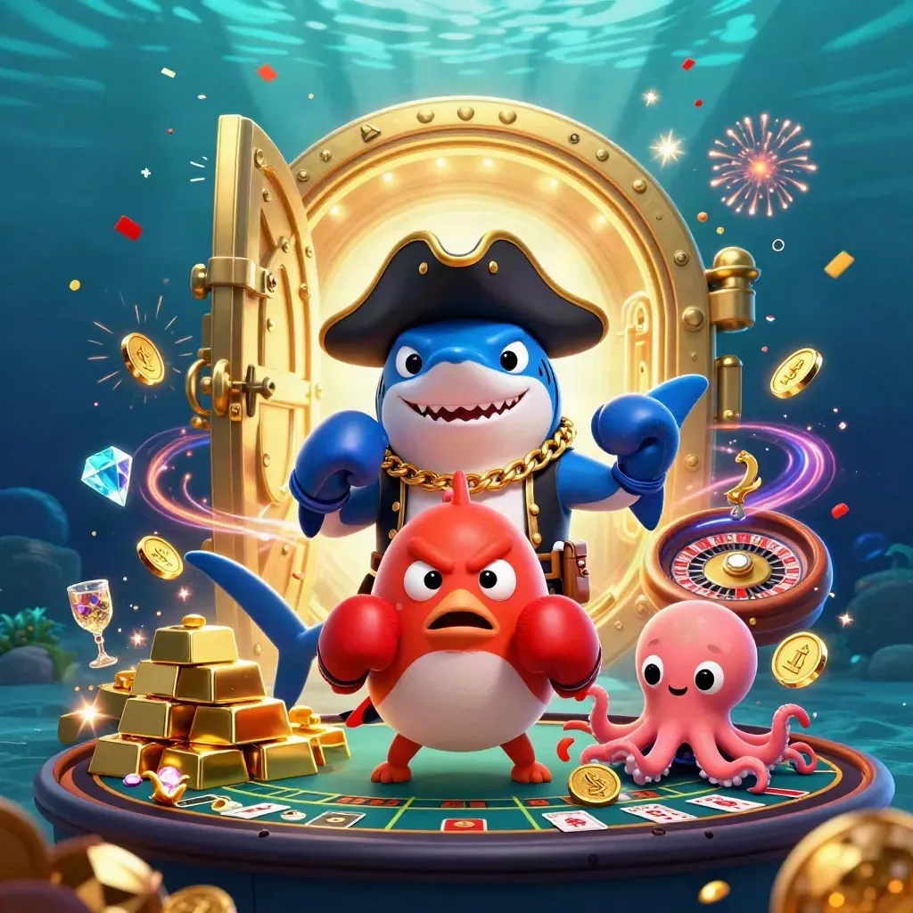 Shark pirate, boxing pufferfish, and juggling octopus in glowing casino treasure chaos