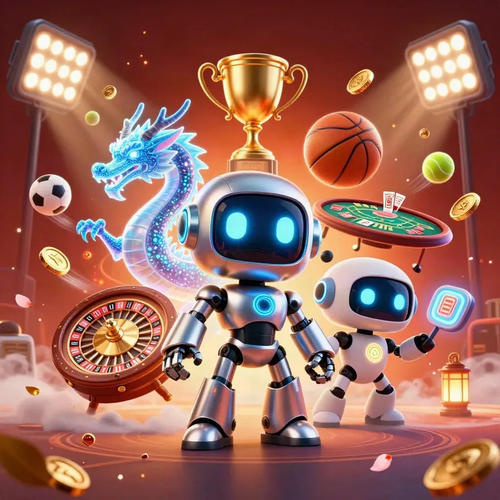 Cyberpunk robot, holographic dragon and coin drone amid casino sports and gold effects