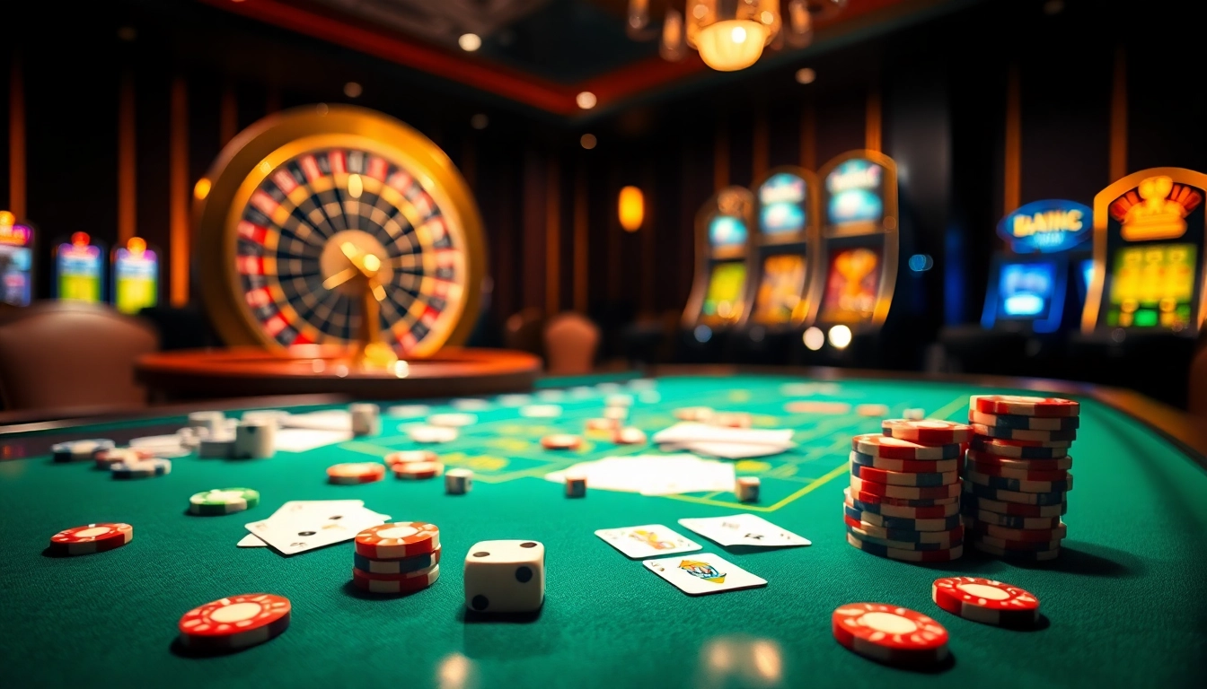 Sun win features players at a vibrant game table with colorful chips, cards, and roulette wheel.