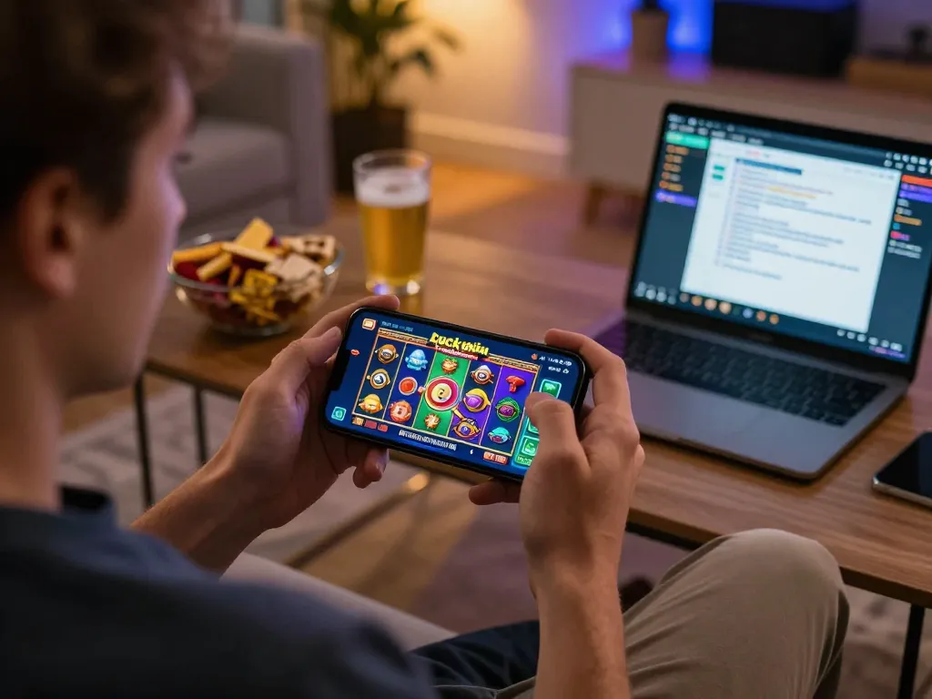 Engaging mobile gaming on luckywin app, highlighting a player interacting with colorful slot machine interface.