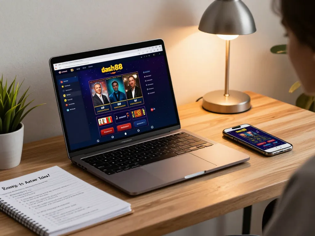 Engaging home gaming environment with dash88 app shown on a laptop and smartphone for strategic gambling.
