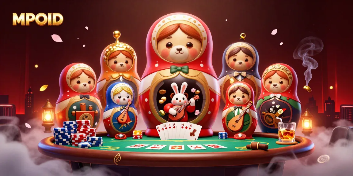 MPOID showcases vibrant casino elements in a captivating 3D cartoon scene featuring Matryoshka bears and vibrant poker tables.