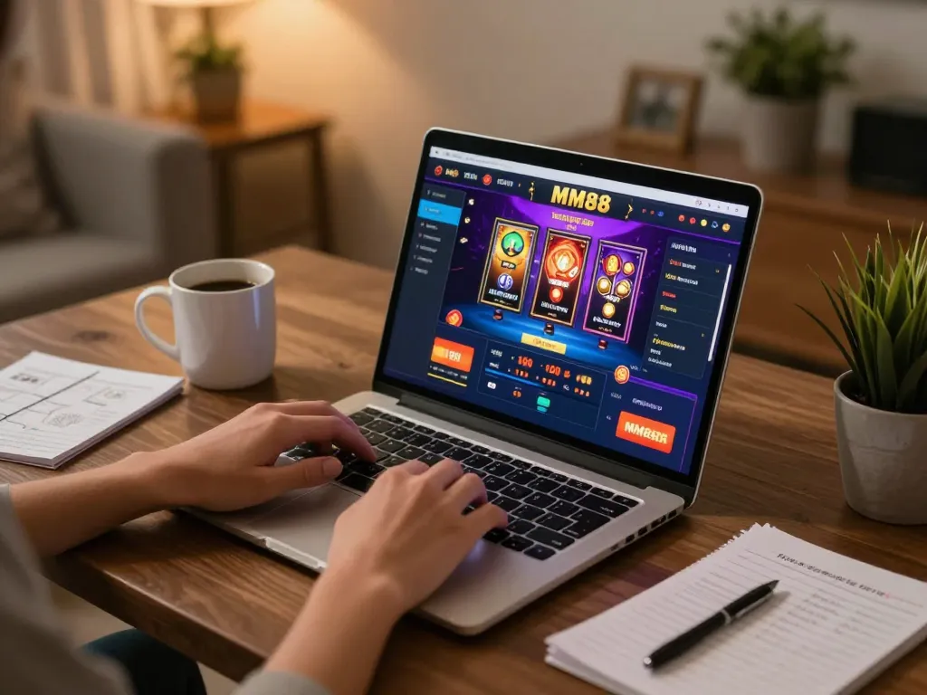 Engaging in online gaming with MM88 casino platform on a laptop in a cozy home setup