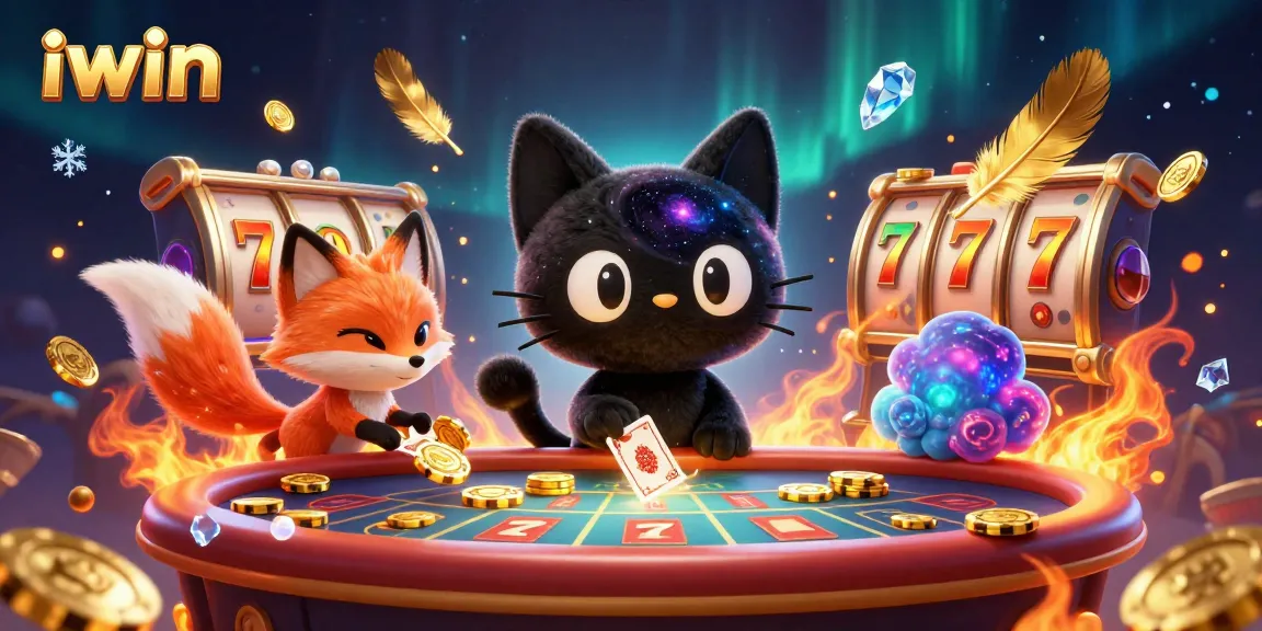 iwin's cosmic casino scene features a black hole cat pulling in golden chips and cards.