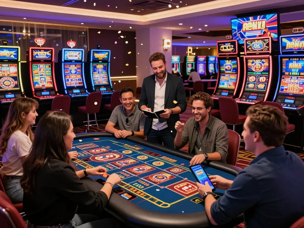Exciting Alev Casino 108 scene with players at a live dealer table and vibrant gaming displays.