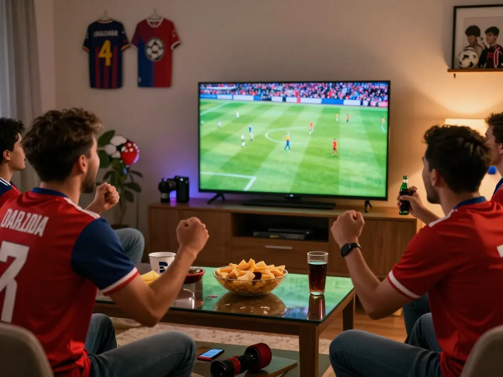 Excited football fan enjoying xem bóng đá cakhia tv with friends at home during a live match.