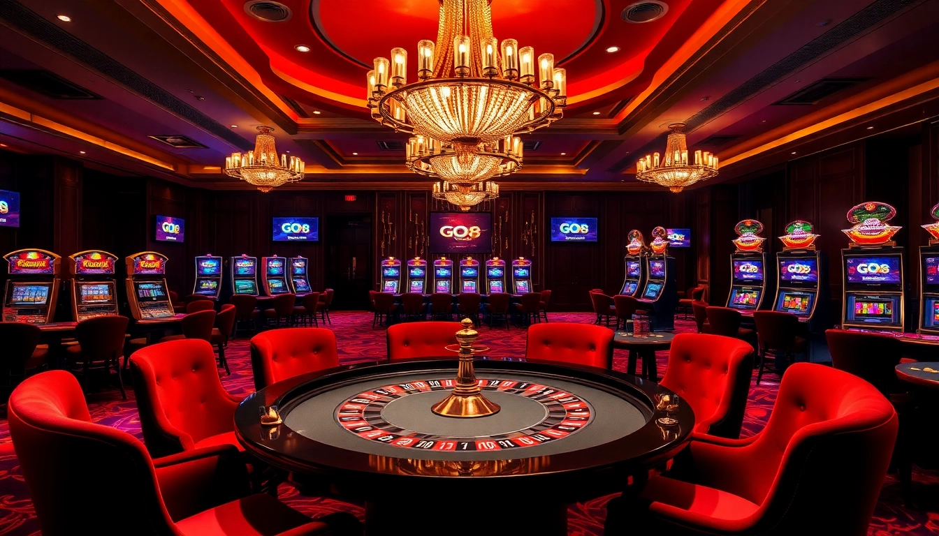 Experience the thrill of high-stakes gambling at a luxurious casino featuring vibrant GO8-themed tables and dazzling decor.