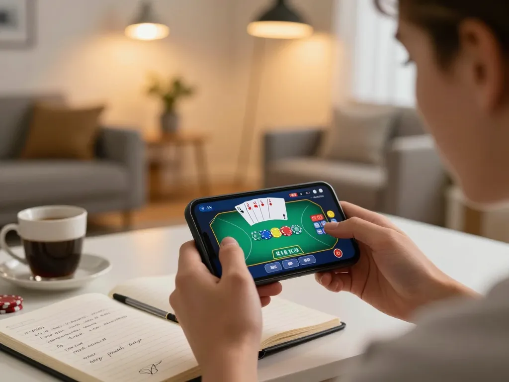 Engaging mobile gambling scene showing botanicabali user playing poker on smartphone in a cozy setting.