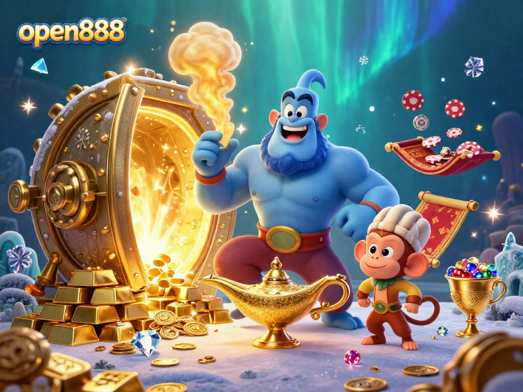 Experience the magic of open888 with a vibrant 3D genie, poker chips, and treasures galore.