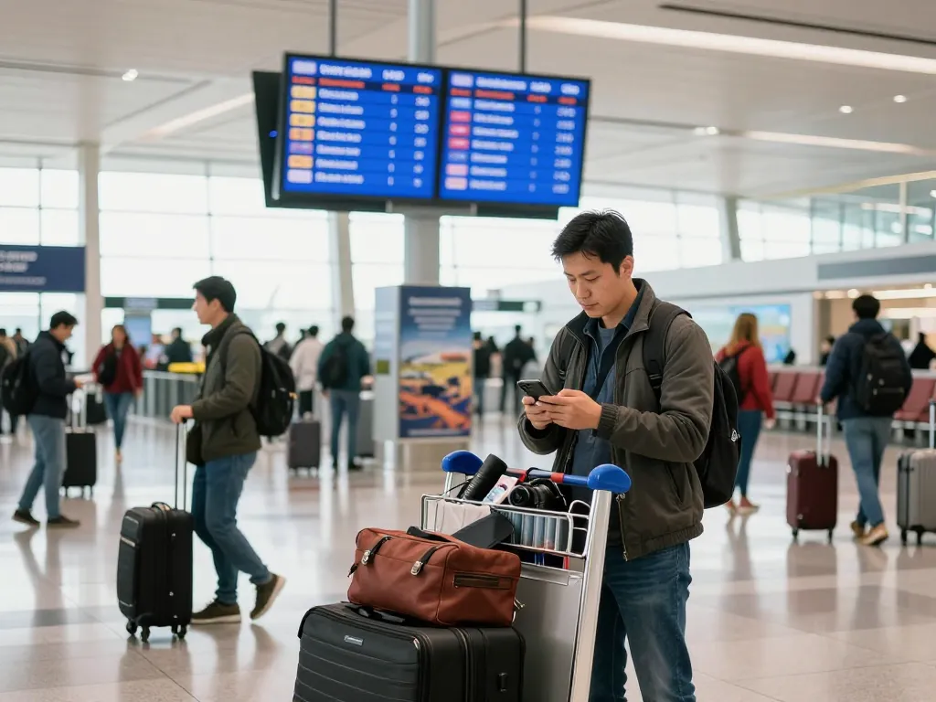 Traveler checking nk888 flight status at airport amidst busy terminal.