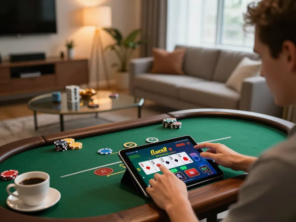 Player enjoying Luck8's online casino gaming experience on a tablet in a cozy home environment