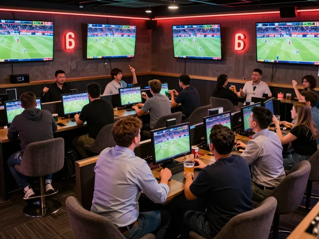 Bet on rr88 with friends at a lively sports betting lounge, cheering for live events.