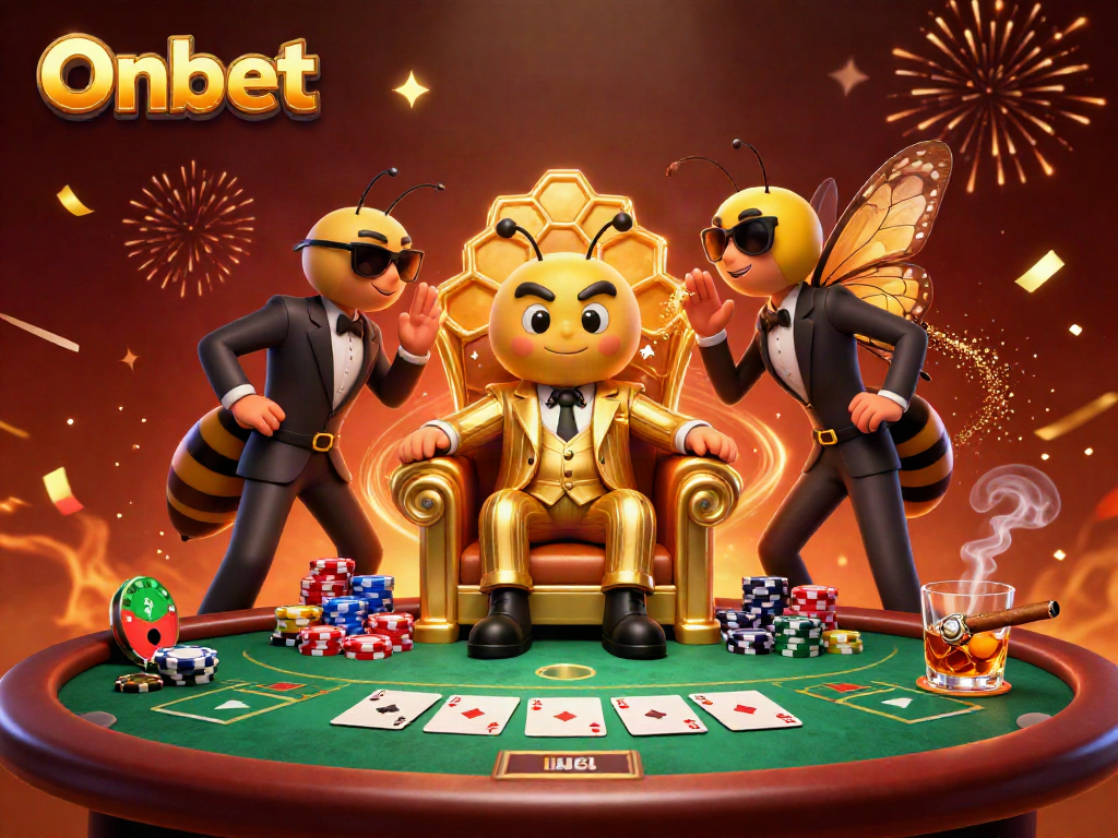 Experience exhilarating gaming at Onbet with a bumblebee mob boss overseeing a vibrant casino atmosphere